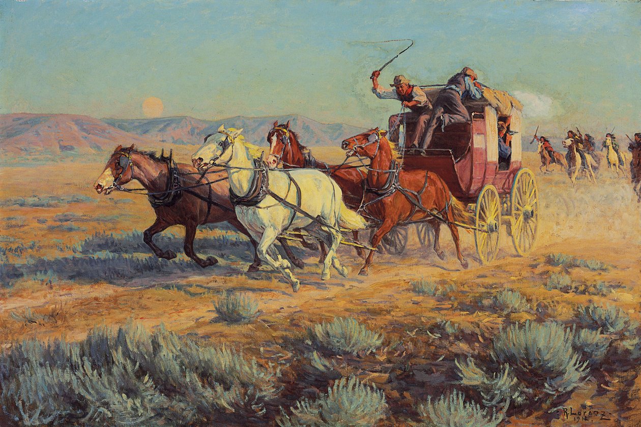 Dyliżans ścigany przez konnych Indian, 1912 autorstwa Richard Lorenz