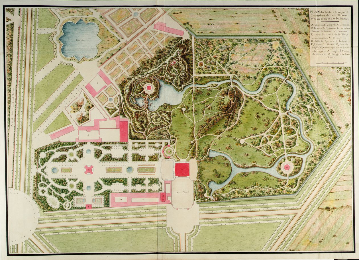 Plan ogrodów francuskich i wiejskich Petit-Trianon z bryłami budynku, z Recueil des plans du Petit Trianon autorstwa Richarda Mique autorstwa Richard Mique
