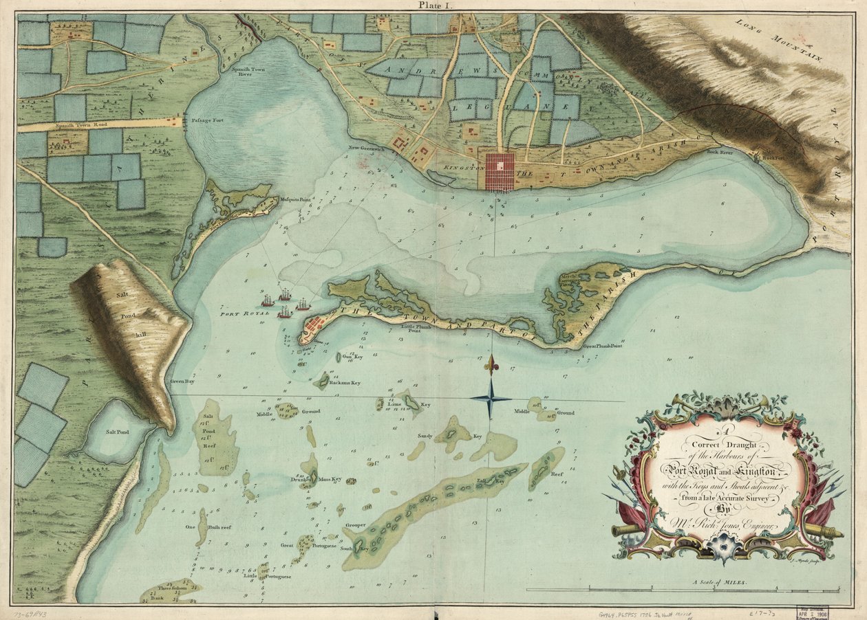 Prawidłowy projekt portów Port Royal i Kingston, z kluczami i ławicami przyległymi itd. z późnego dokładnego badania przeprowadzonego przez inżyniera Richda Jonesa. autorstwa Richard; Mynde Jones