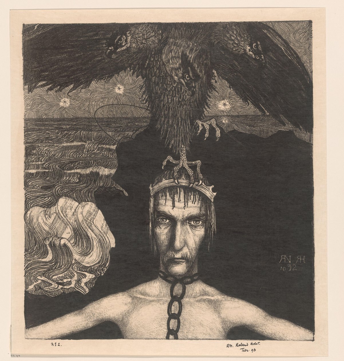 Przykuty mężczyzna z trójgłowym ptakiem drapieżnym na głowie Anangke (Przeznaczenie) (tytuł oryginalny) autorstwa Richard Nicolaüs Roland Holst (signed by artist)