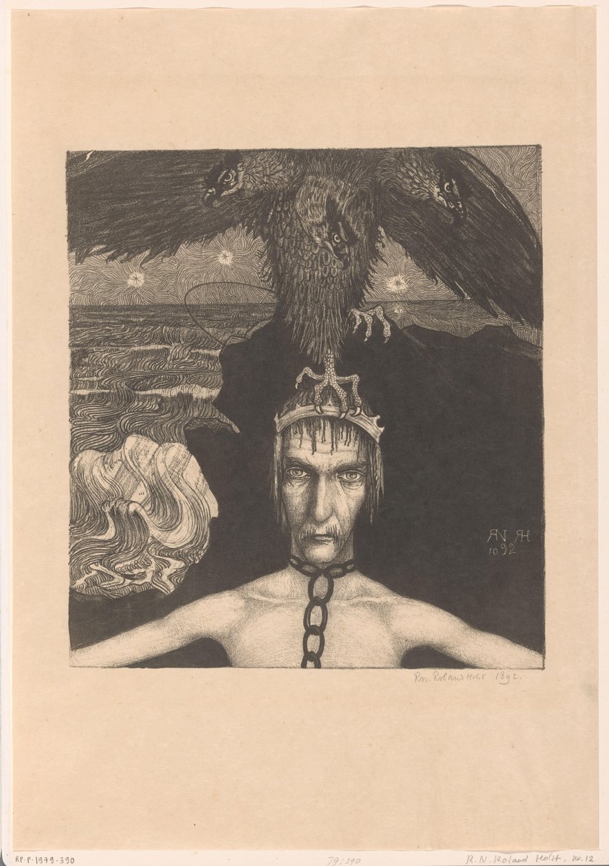 Przykuty mężczyzna z trójgłowym ptakiem drapieżnym na głowie Anangke (Przeznaczenie) (tytuł oryginalny) autorstwa Richard Nicolaüs Roland Holst