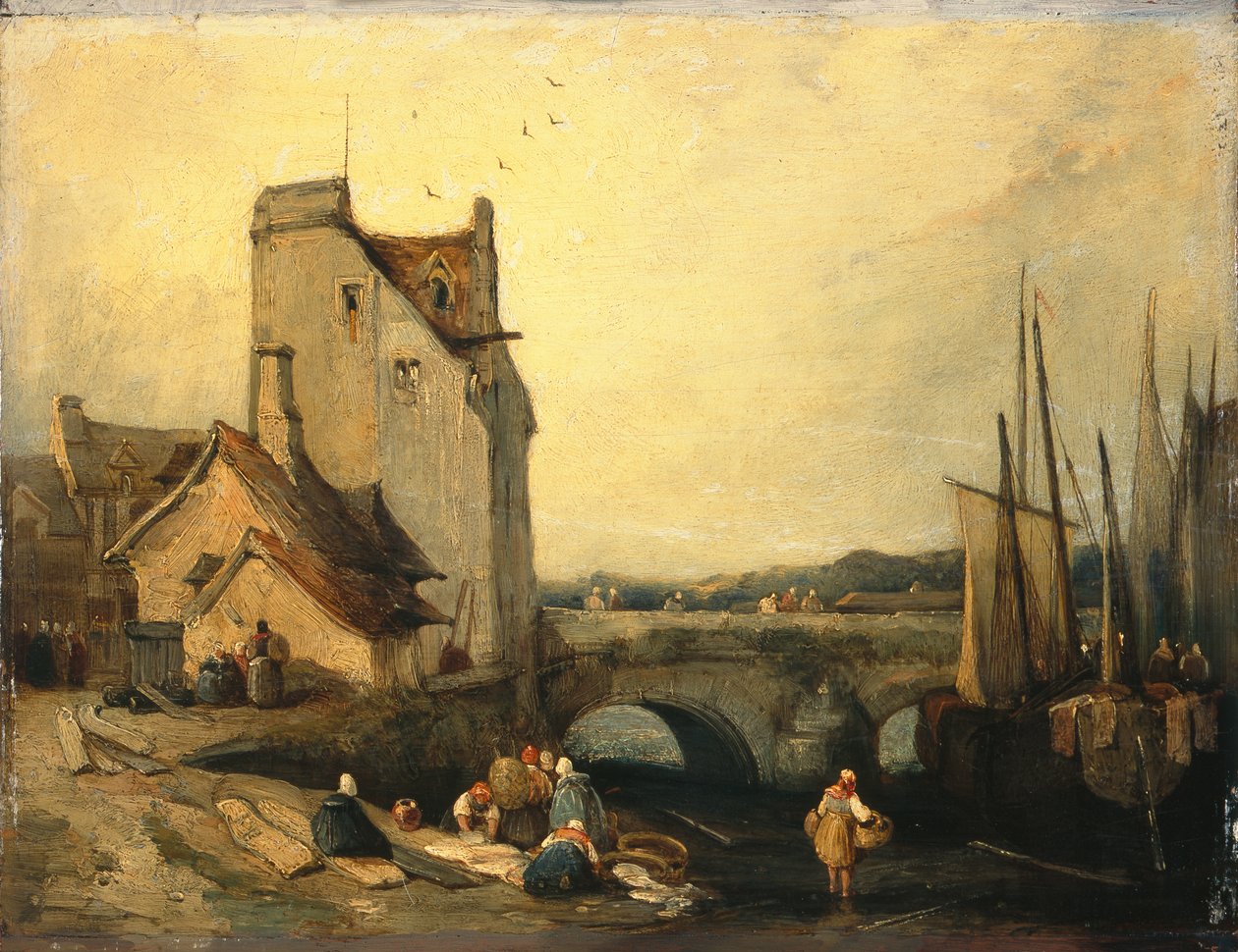 Widok w Bretanii: Most, chaty i praczka (olej na desce) autorstwa Richard Parkes (attr. to) Bonington