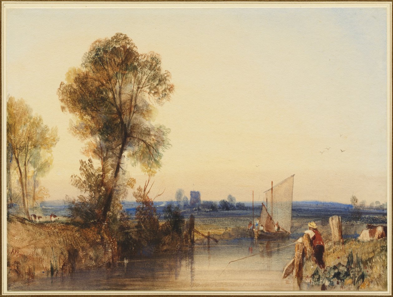 Rybak na brzegu rzeki, w oddali wieża kościelna autorstwa Richard Parkes Bonington
