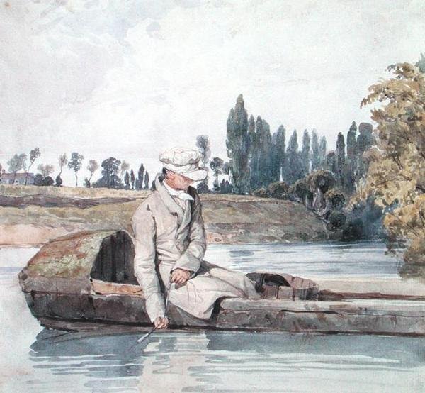 Mężczyzna łowiący ryby z łodzi na rzece (akwarela na papierze) autorstwa Richard Parkes Bonington
