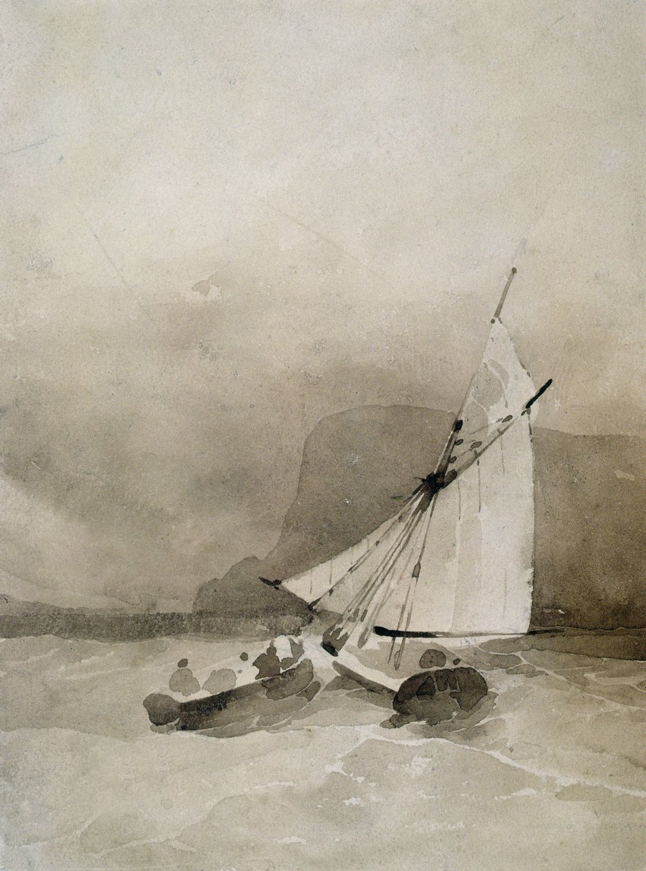 Żaglowiec i łódź wiosłowa na wzburzonym morzu przy Beachy Head, Sussex autorstwa Richard Parkes Bonington