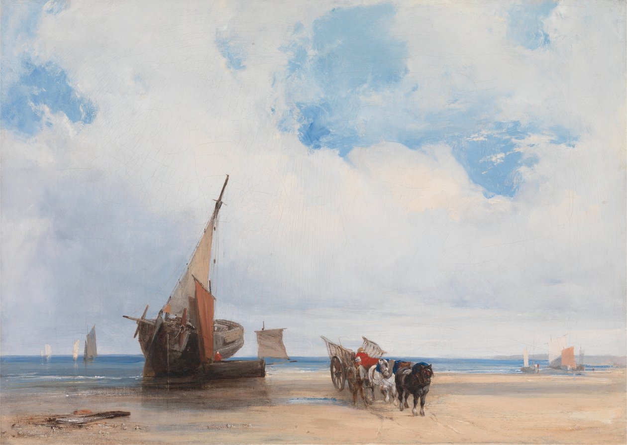 Wyrzucone na brzeg statki i wagon w pobliżu Trouville autorstwa Richard Parkes Bonington