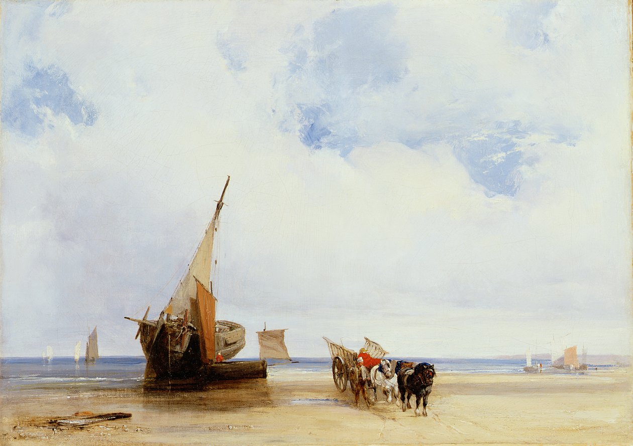 Statki na plaży i wagon w pobliżu Trouville, ok. 1825 (olej na płótnie) autorstwa Richard Parkes Bonington