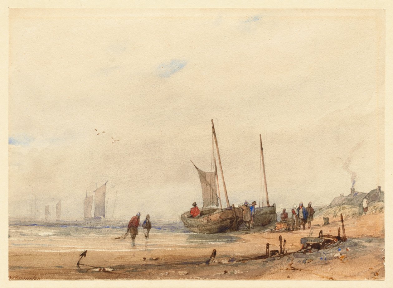 Wybrzeże z łodziami wyciągniętymi na brzeg i postaciami autorstwa Richard Parkes Bonington