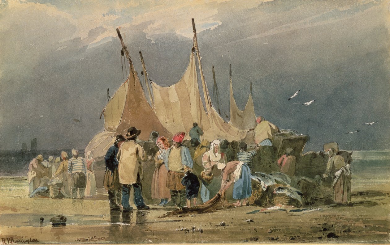 Rybacy na plaży, nadchodzi burza (akwarela) autorstwa Richard Parkes Bonington