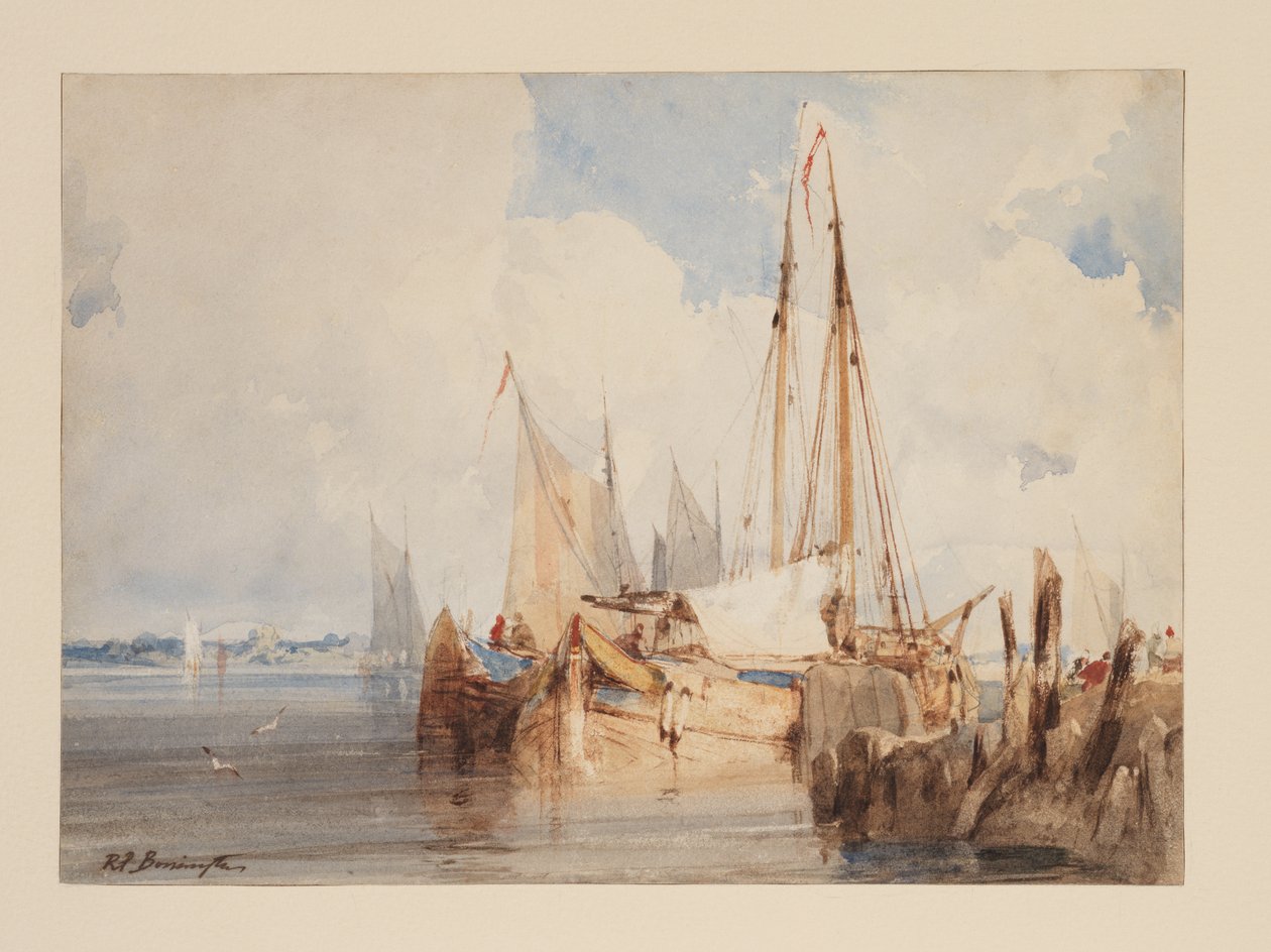 Kutry rybackie zacumowane w ujściu rzeki, ok. 1825 (akwarela na papierze) autorstwa Richard Parkes Bonington