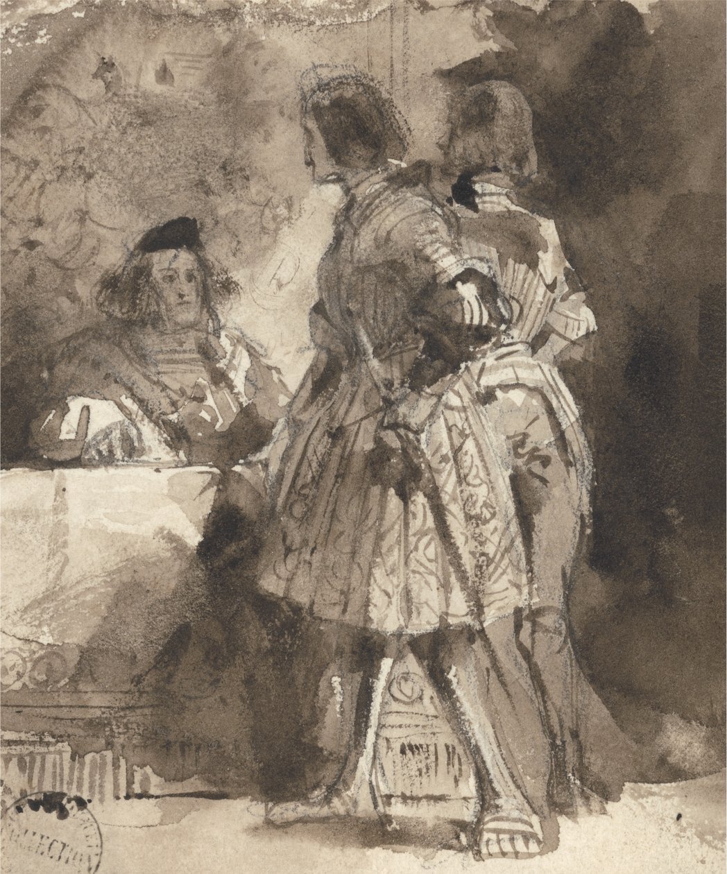 Goetz von Berlichingen przed cesarskim magistratem, ok. 1826 (brązowe rozmycie i tusz na graficie na papierze) autorstwa Richard Parkes Bonington