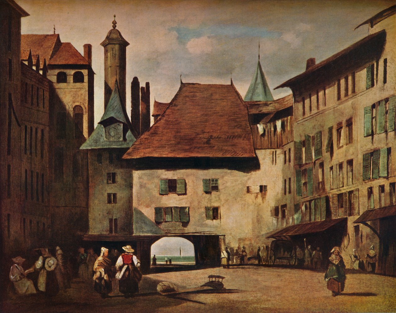 La Place du Molard, Genewa, ok. 1830 r. autorstwa Richard Parkes Bonington