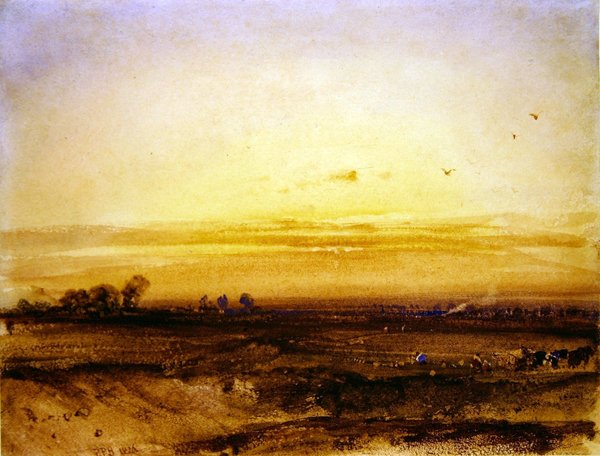 Krajobraz z kombajnami o zachodzie słońca autorstwa Richard Parkes Bonington