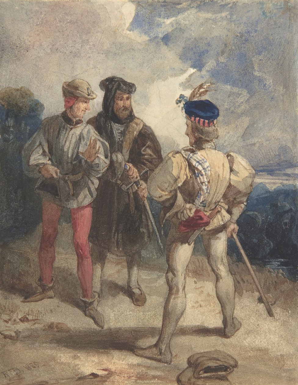 Quentin Durward i przebrany Ludwik XI recto, Studium postaci męskiej odwróconej, 1825 lub 1826. autorstwa Richard Parkes Bonington