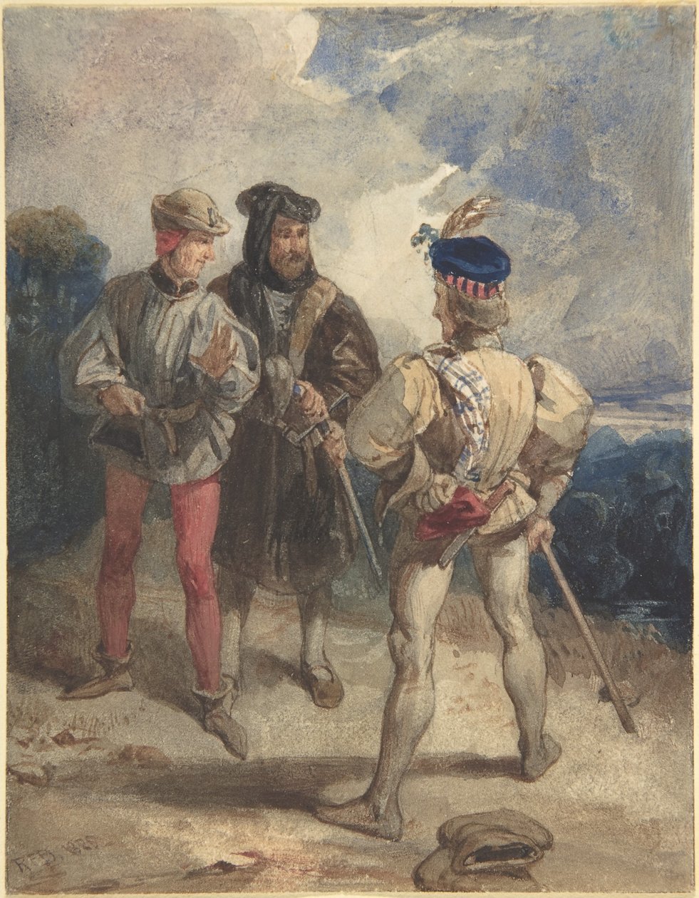 Quentin Durward i przebrany Ludwik XI (recto); Studium postaci męskiej (verso) autorstwa Richard Parkes Bonington