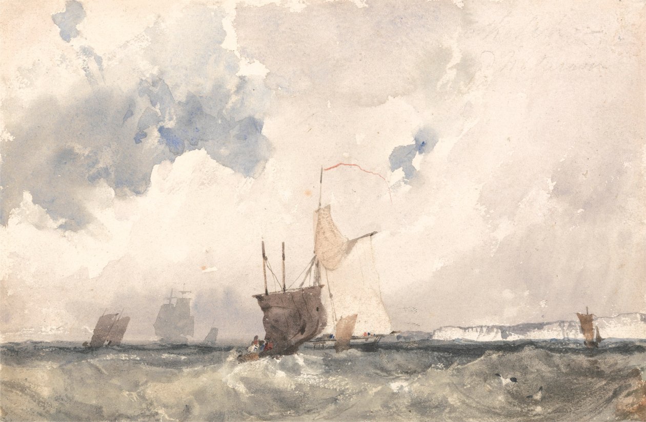Statki na wzburzonym morzu (akwarela z wydrapaniem na papierze) autorstwa Richard Parkes Bonington
