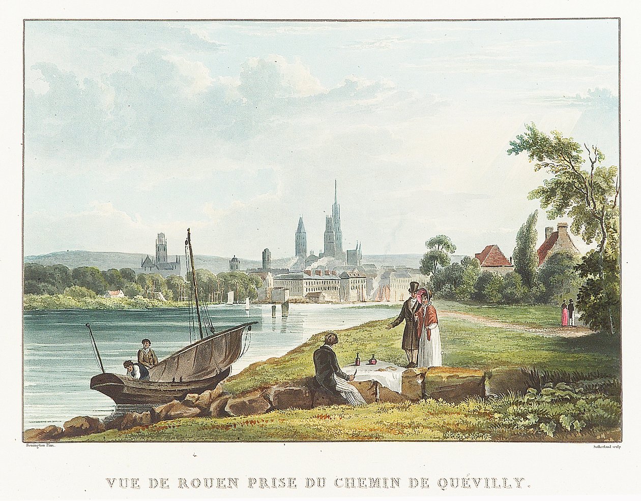 Widok Rouen z drogi Quevilly (Francja). Litografia (34,7x51,7 cm) autorstwa Richarda Parkesa Bonigtona (1802-1828), początek XIX wieku. autorstwa Richard Parkes Bonington