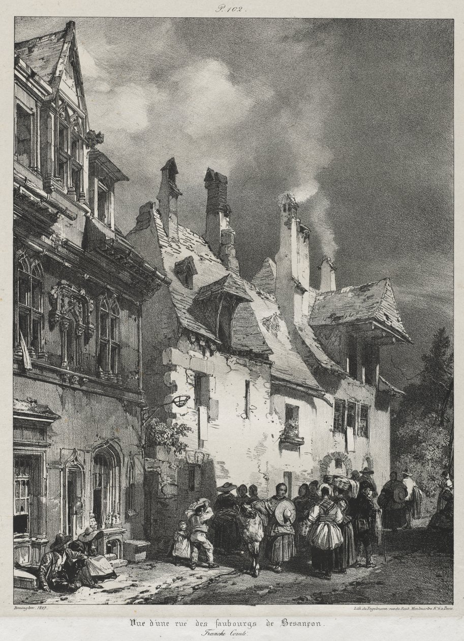 Malownicze i romantyczne podróże po starożytnej Francji, Franche-Comté: Widok ulicy na przedmieściach Besançon autorstwa Richard Parkes Bonington