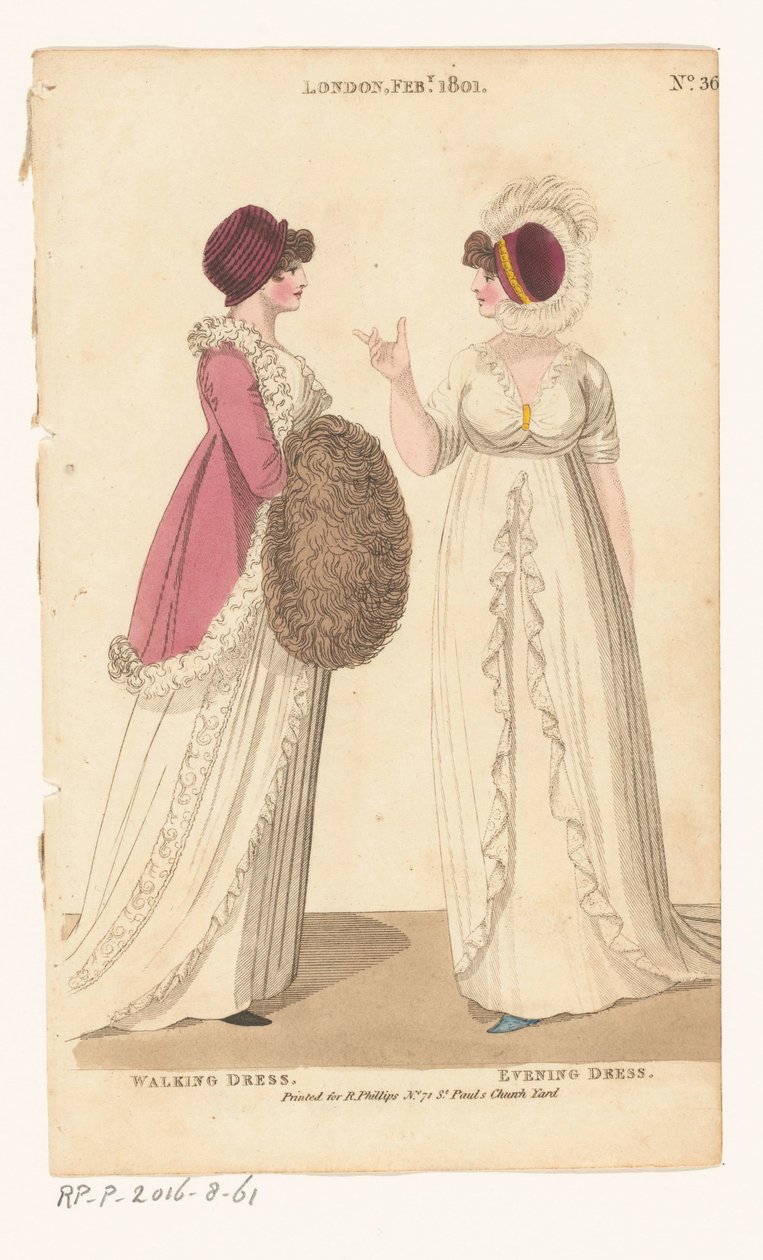 Magazyn Mody Kobiecej Londynu i Paryża. nr 36. Londyn luty 1801: Walking Dress; Suknia wieczorowa autorstwa Richard Phillips