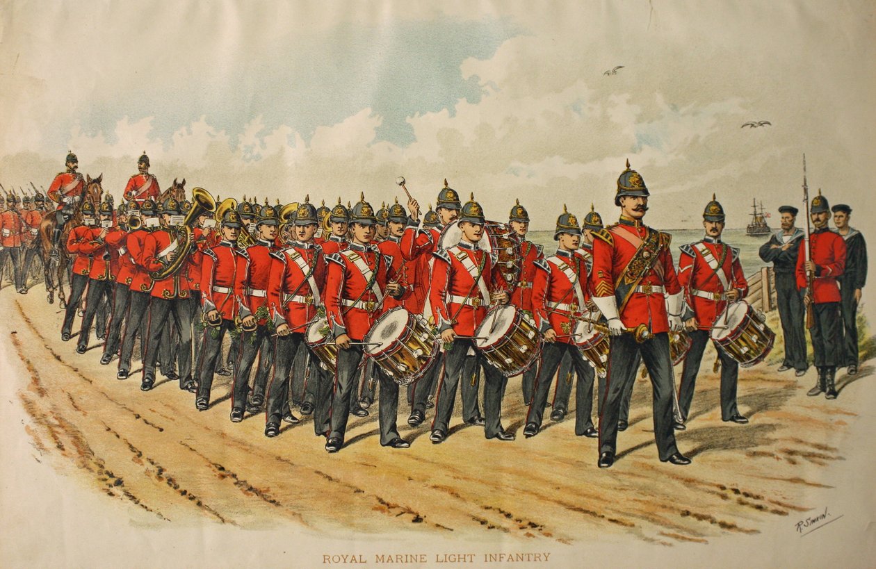 Royal Marine Light Infantry Band prowadząca kolumnę maszerujących mężczyzn, 1895 r autorstwa Richard Simkin