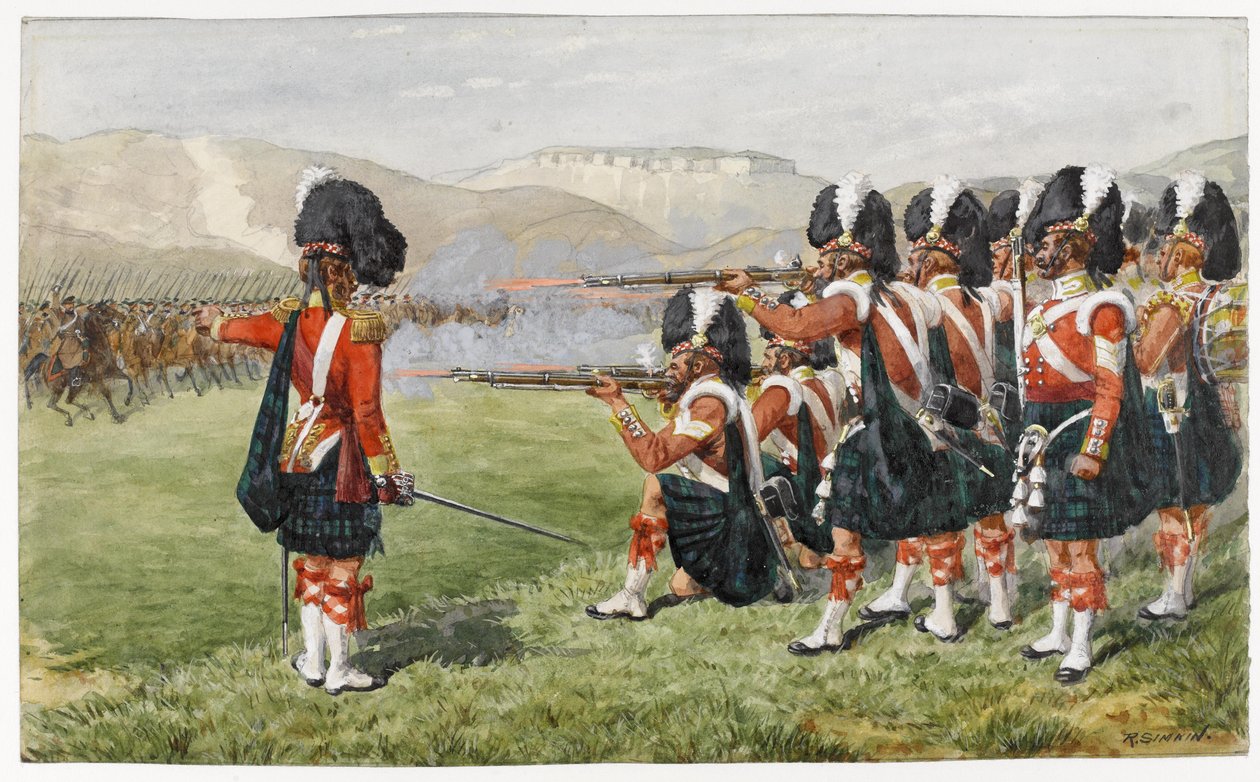 93. Górale Sutherland w bitwie pod Kominiarką 25 października 1854: Cienka czerwona linia, 1854 (wc na papierze) autorstwa Richard Simkin