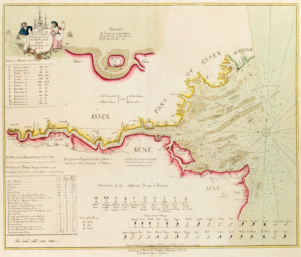 Mapa Tamizy od Londynu do Nore, Margate i Downs, kanały północny, środkowy i południowy, na podstawie pomiarów wykonanych w latach 1789 i 90 autorstwa Richard Stanier
