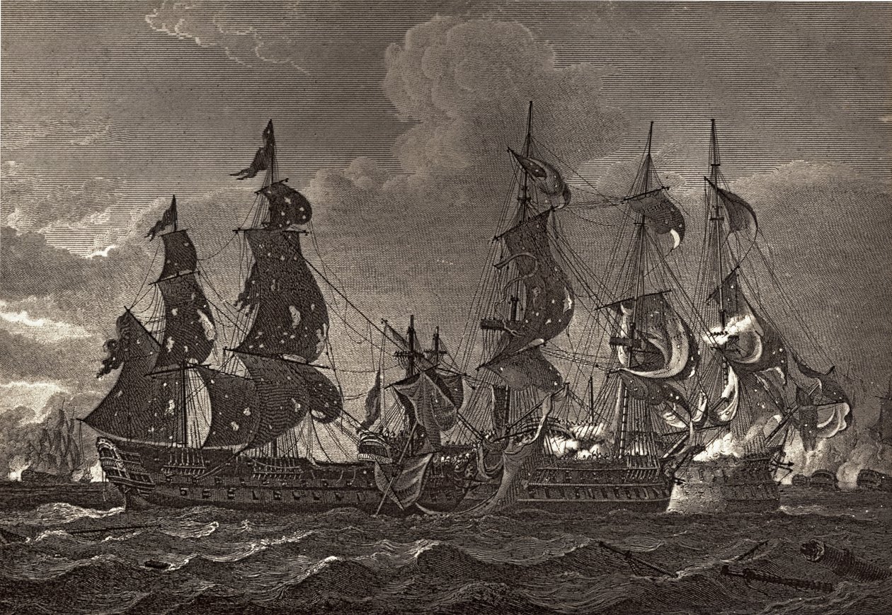 Kapitan HMS na pokładzie statku San Nicholas i San Josef, ilustracja z „Życia Nelsona” Roberta Southeya (1774-1843) opublikowana po raz pierwszy w 1813 r. autorstwa Richard Westall