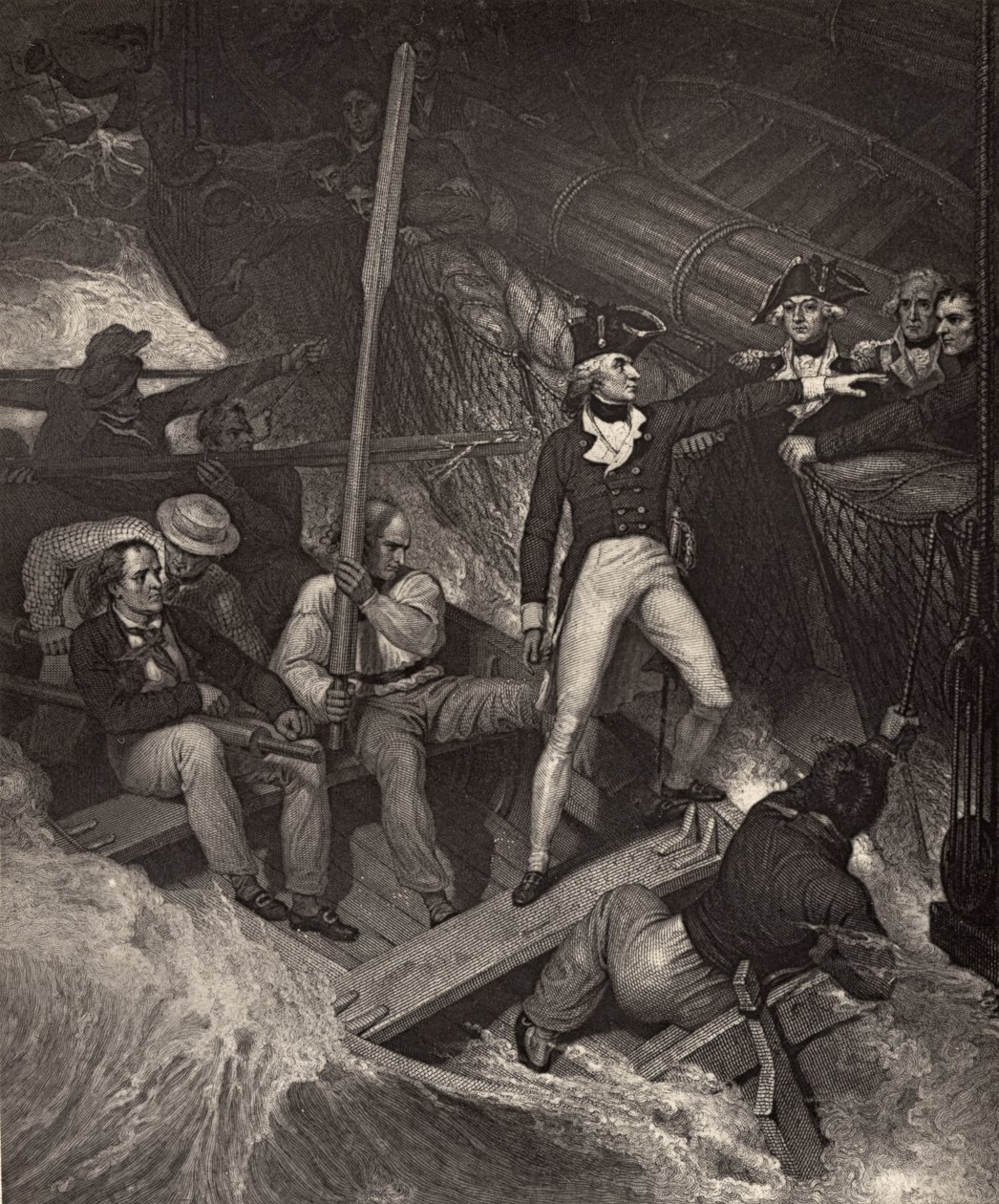 Porucznik Nelson zgłaszający się na ochotnika, aby wejść na pokład nagrody podczas gwałtownej wichury, ilustracja z „Życia Nelsona” Roberta Southeya (1774-1843) opublikowana po raz pierwszy w 1813 r. autorstwa Richard Westall