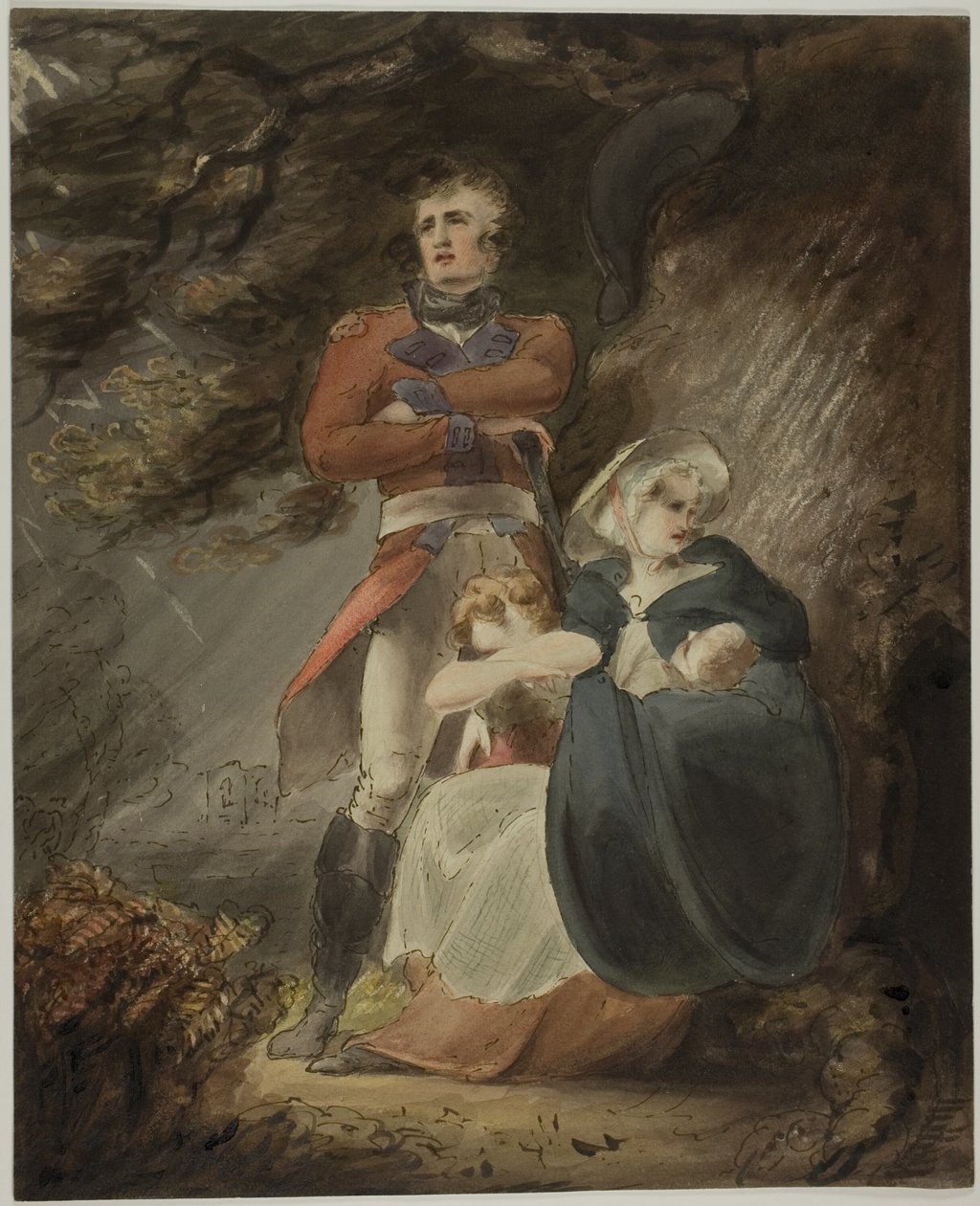 Oficer szukający schronienia z żoną i dziećmi przed burzą (recto); Szkic zamku na wzgórzu (verso) autorstwa Richard Westall