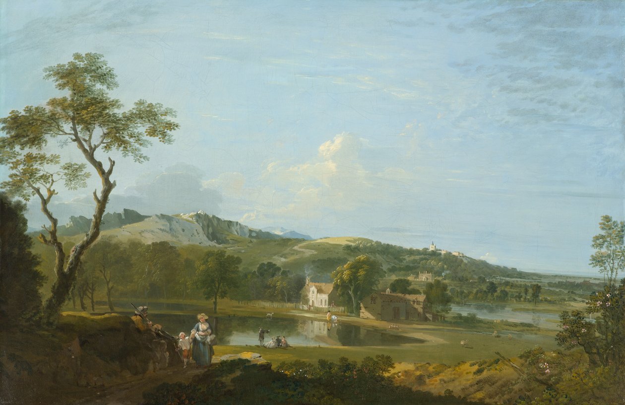 Rozległy krajobraz z chatami nad jeziorem, ok. 1744-1745 (olej na płótnie) autorstwa Richard Wilson