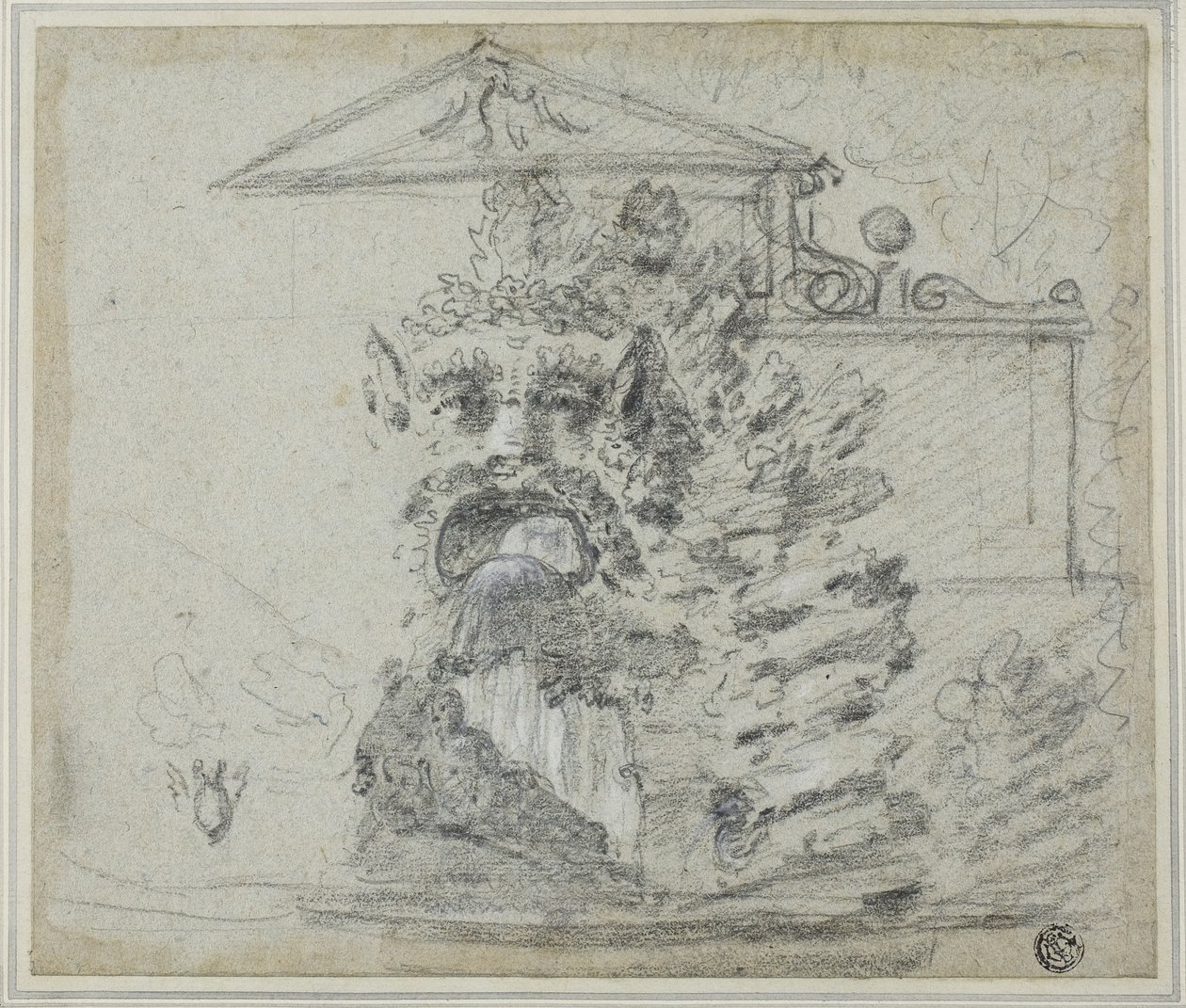 „Il Mascherone”, fontanna Rocaille na terenie Villa Borghese, ok. 1754 (czarna kreda, podwyższona białą kredą i grafitem, na niebieskim papierze wykładanym, ułożona na kartonie) autorstwa Richard Wilson