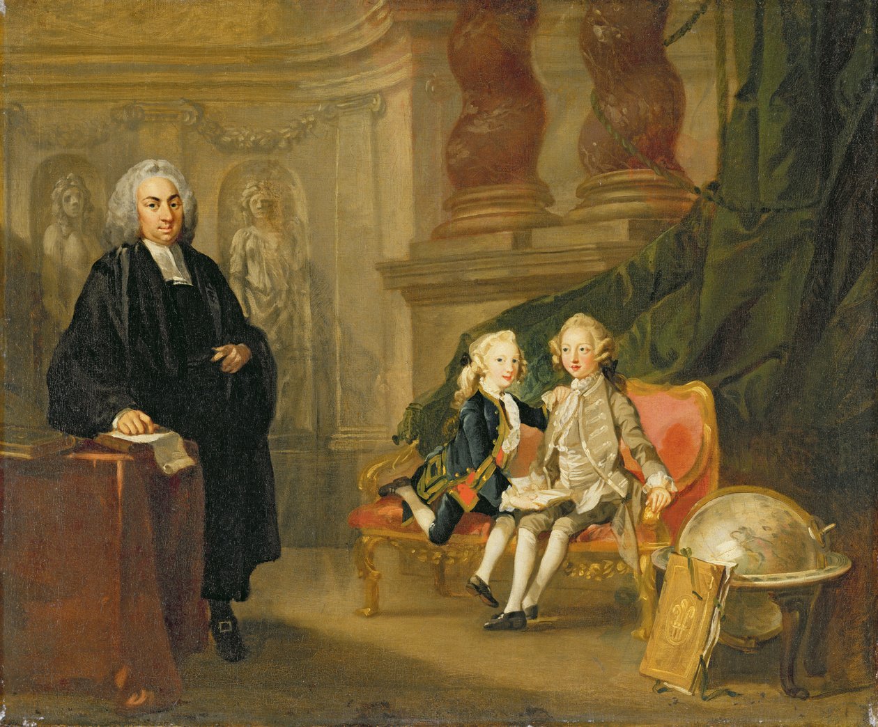 Prince George (1738-1820) i Prince Edward Augustus (1739-67) Synowie Fryderyka (1707-51) Prince of Wales, z ich nauczycielem dr Francisem Ayscough, ok. 1748-49 (olej na płótnie) autorstwa Richard Wilson