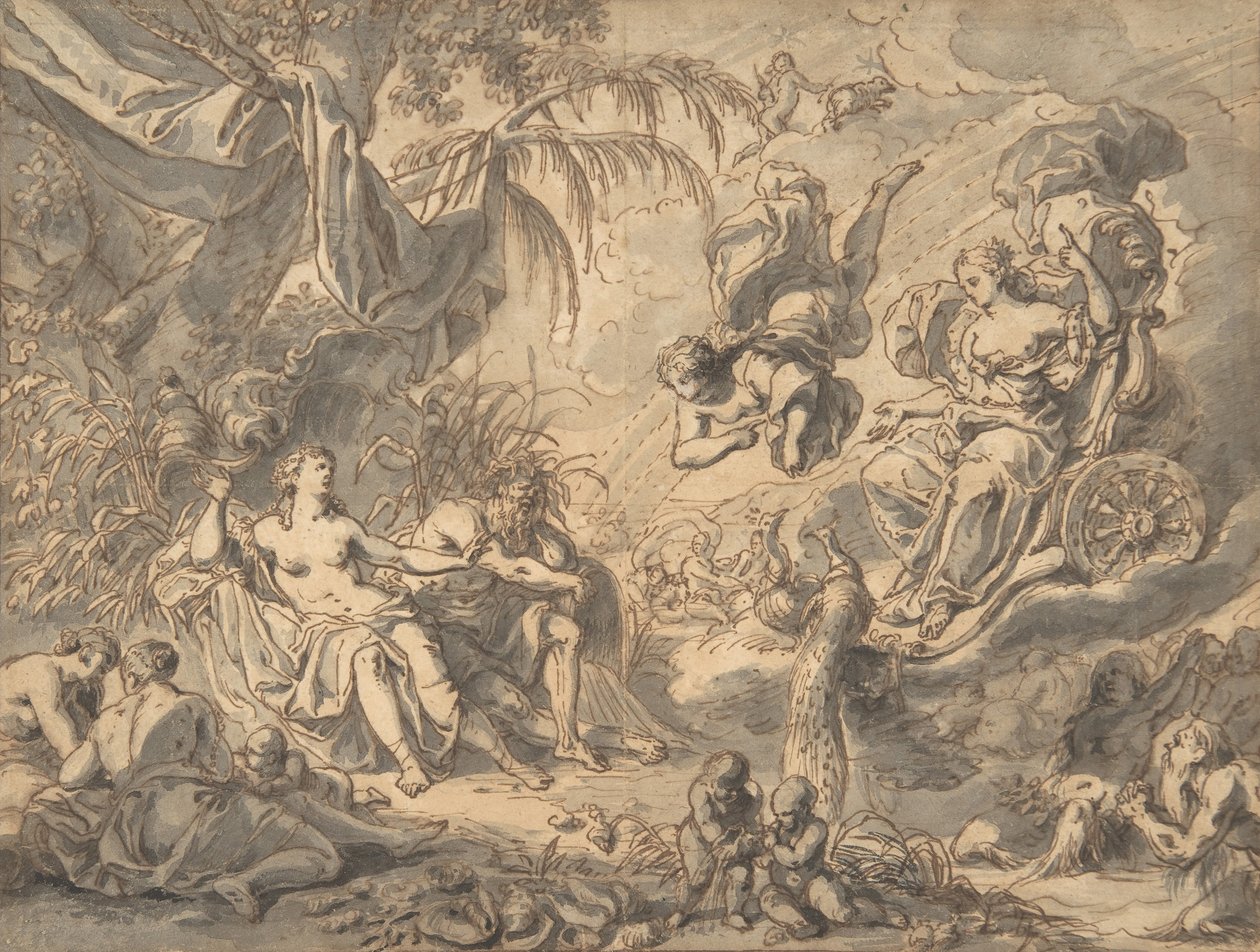 Junona na swoim rydwanie z wizytą u młodej kobiety i Riverboga, koniec XVII-połowa XVIII wieku. autorstwa Richard van Orley