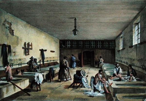 Łaźnie Oficerskie Szpitala Wojskowego Bourbonne les Bains, połowa XIX w. (kolorowa rycina) autorstwa Richoux (after)