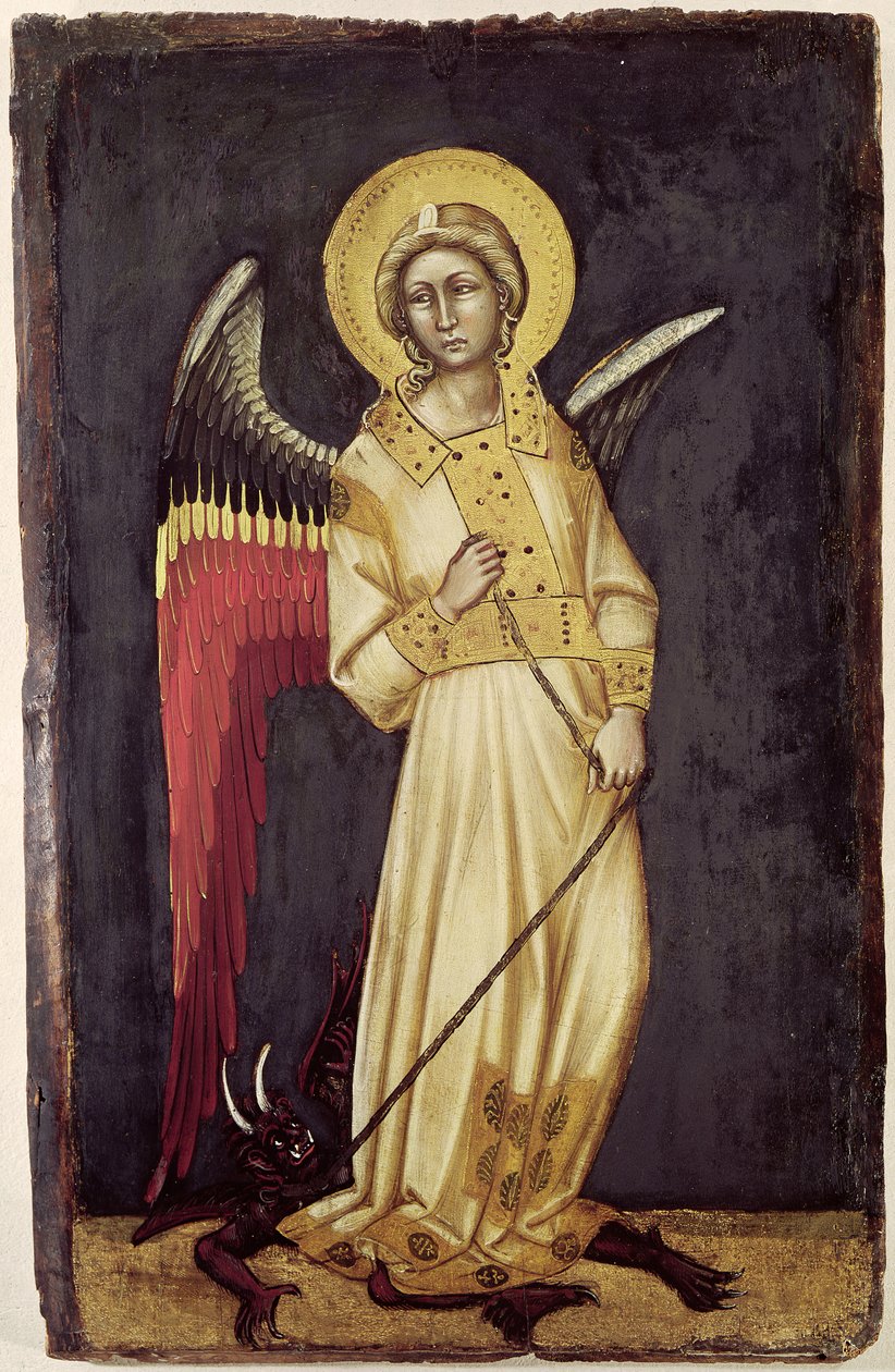 Anioł z demonem na łańcuchu (tempera na panelu) autorstwa Ridolfo di Arpo Guariento