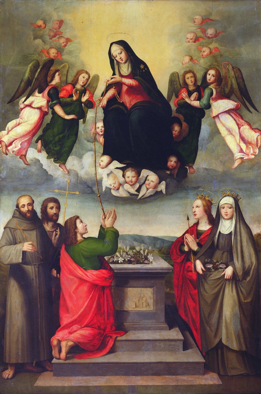 Najświętsza Maryja Panna w pasie z SS. Tomaszem, Franciszkiem, Janem Chrzcicielem, Urszulą i Elżbietą Węgierską autorstwa Ridolfo , Il Ghirlandaio