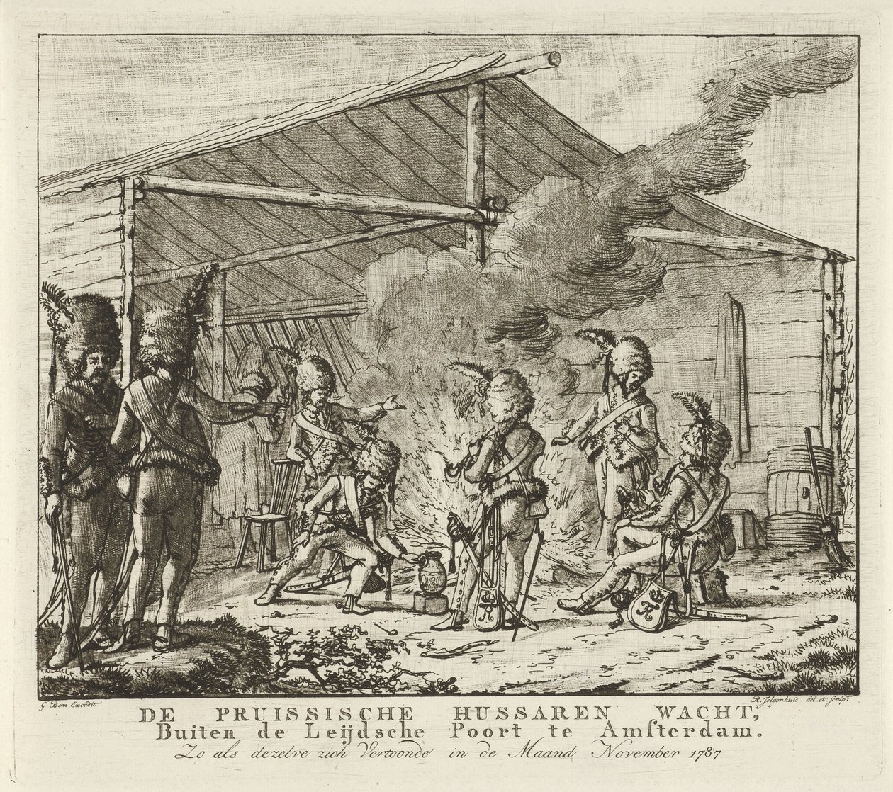 Huzarzy pruscy oczekujący w Leidse Poort w Amsterdamie, 1787 r. Huzarowie pruscy czekają, Przed Leijdsche Poort w Amsterdamie (...) (tytuł na obiekcie) autorstwa Rienk Jelgerhuis