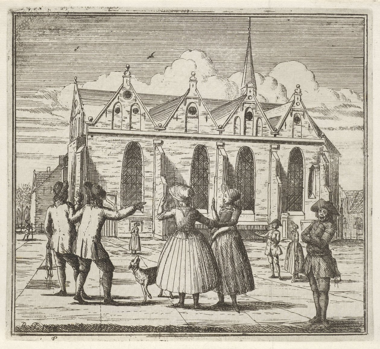 Mężczyźni i kobiety na placu w pobliżu Grote Kerk w Leeuwarden Zima. (tytuł serii) Sceny zimowe (tytuł serialu) autorstwa Rienk Jelgerhuis