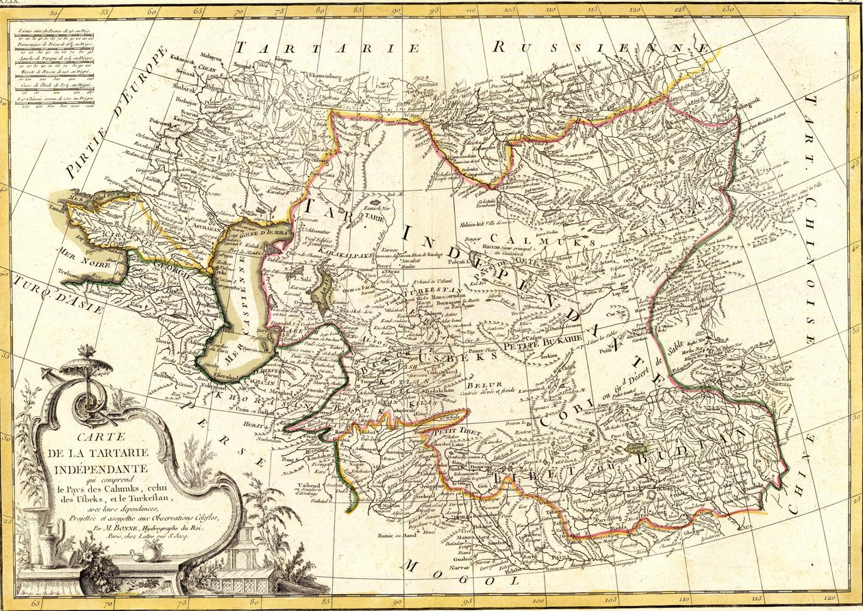Mapa Niepodległego Tatara, która obejmuje Krainę Calmuków, Krainę Usbeków i Turkiestan autorstwa Charles Marie Rigobert Bonne