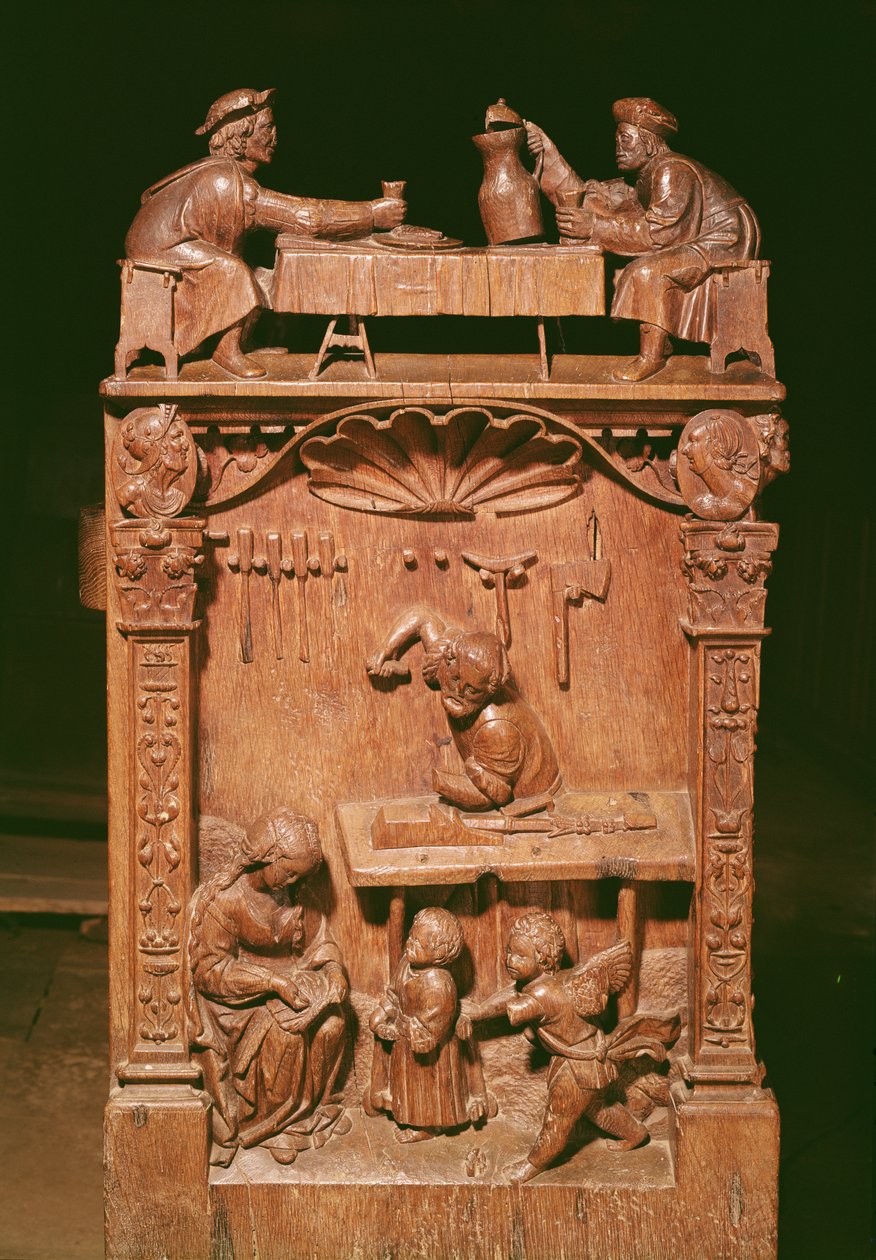 Stalle chóru przedstawiające (powyżej) braci Rigoley i (poniżej) warsztat w Nazarecie, 1526 (drewno) autorstwa Rigoley Brothers