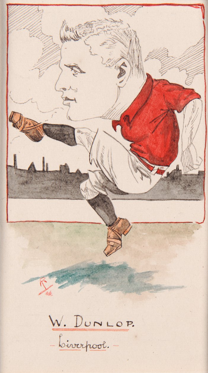Billy Dunlop, Liverpool, rysunek na zestaw kart do papierosów, 1907 (pióro i atrament na karcie) autorstwa Rip