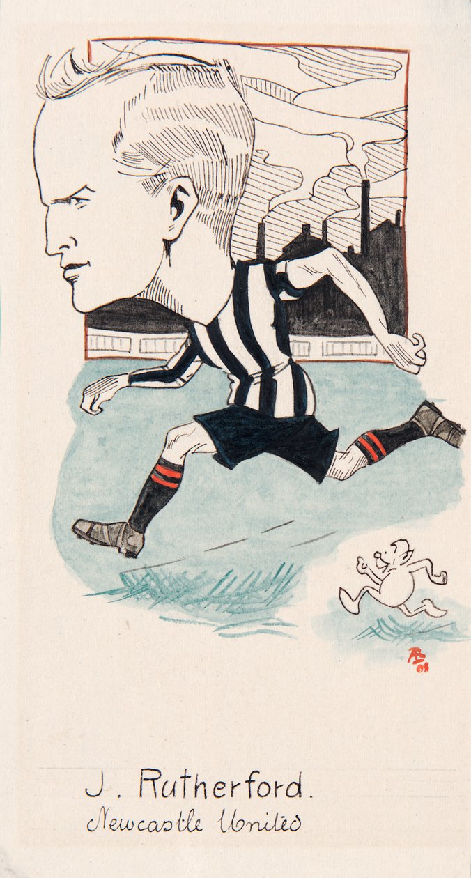 Jock Rutherford, Newcastle United, rysunek do zestawu kart do papierosów, 1907 (pióro i atrament na karcie) autorstwa Rip