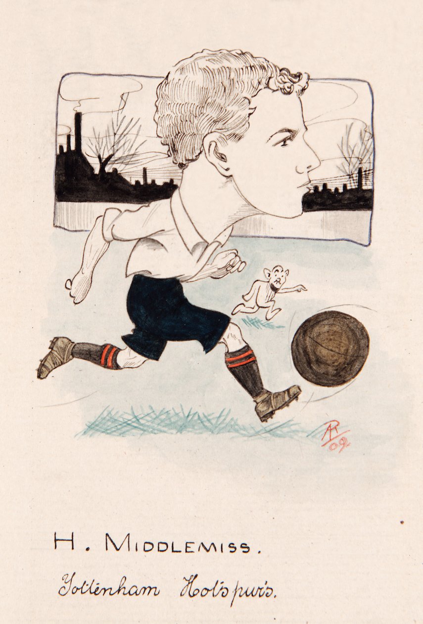 Bert Middlemiss, Tottenham Hotspur, rysunek do zestawu kart do papierosów, 1907 (długopis i atrament na karcie) autorstwa Rip
