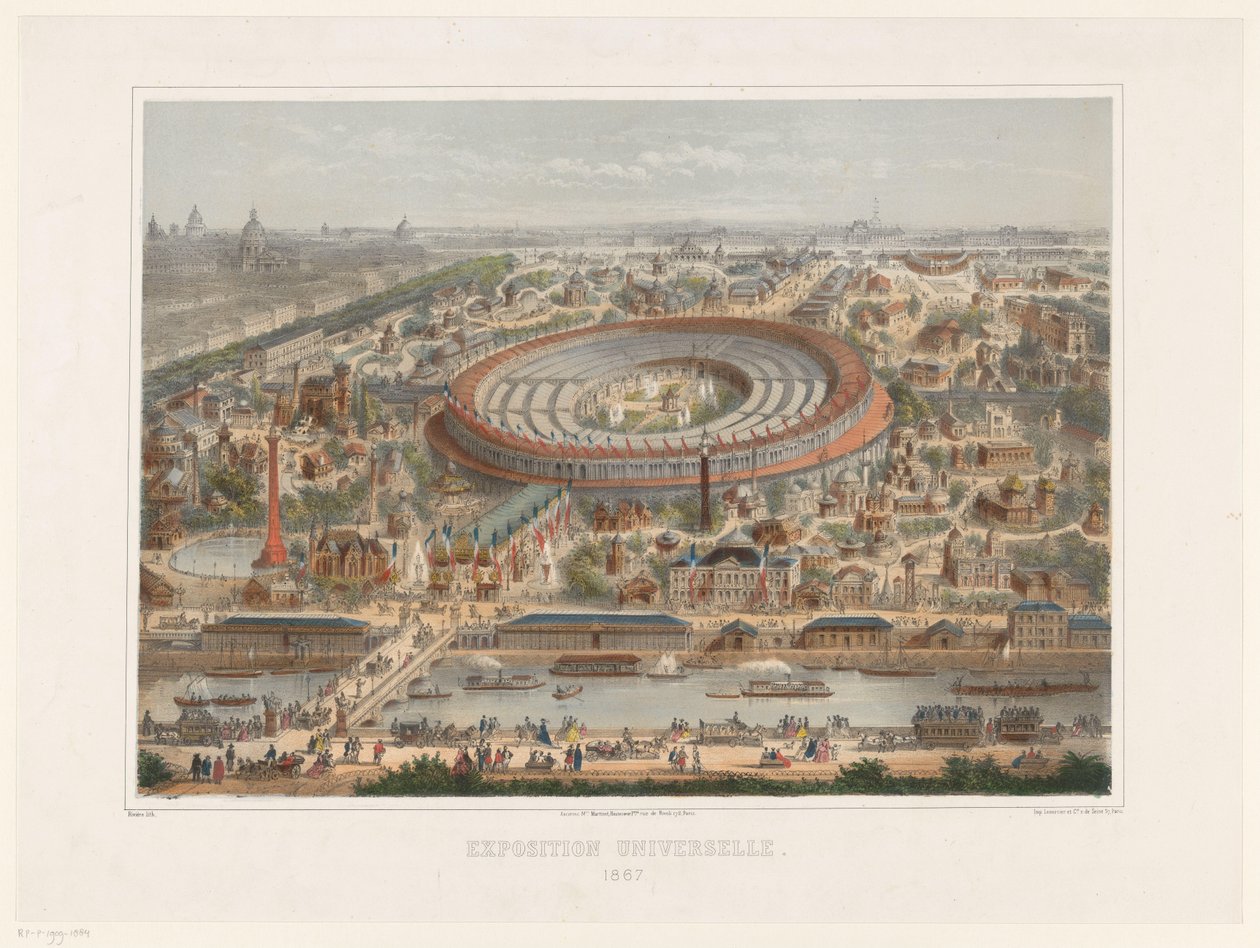 Widok z lotu ptaka na Wystawę Światową 1867 w Paryżu Wystawa Universelle. 1867 (tytuł na obiekcie) autorstwa Rivière