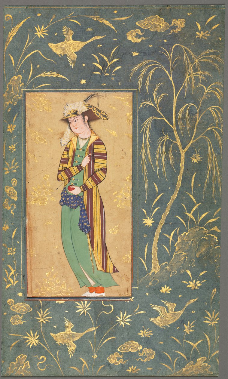 Młodzież trzymająca granat, ilustracja z rękopisu jednostronicowego, ok. 1600-1650. autorstwa Riza yi Abbasi