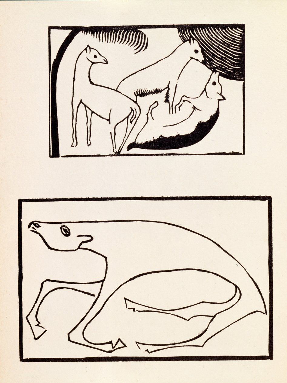 Zwierzęta, ilustracja z tomu zawierającego drzeworyty siedmiu artystów, wyd. Omega Workshops Ltd, Londyn, 1918 drzeworyt autorstwa Roald Kristian