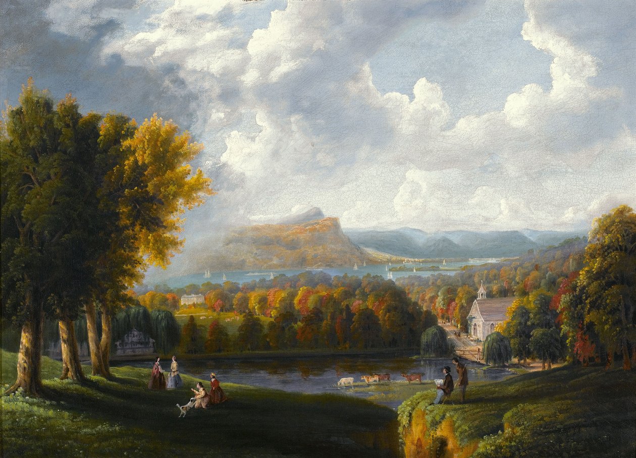 Widok na rzekę Hudson z Tarrytown, stary holenderski kościół, dwór Beekmanów autorstwa Robert the Younger Havell