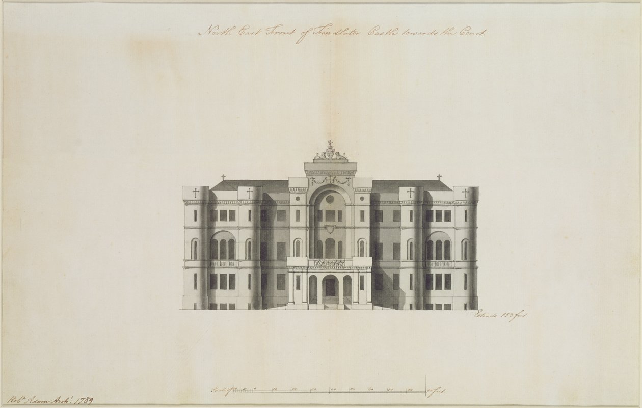 Niezrealizowany projekt dla północno-wschodniego frontu zamku Findlater dla hrabiego Seafield, 1789 (tusz i pranie na papierze) (patrz także 273035) autorstwa Robert Adam
