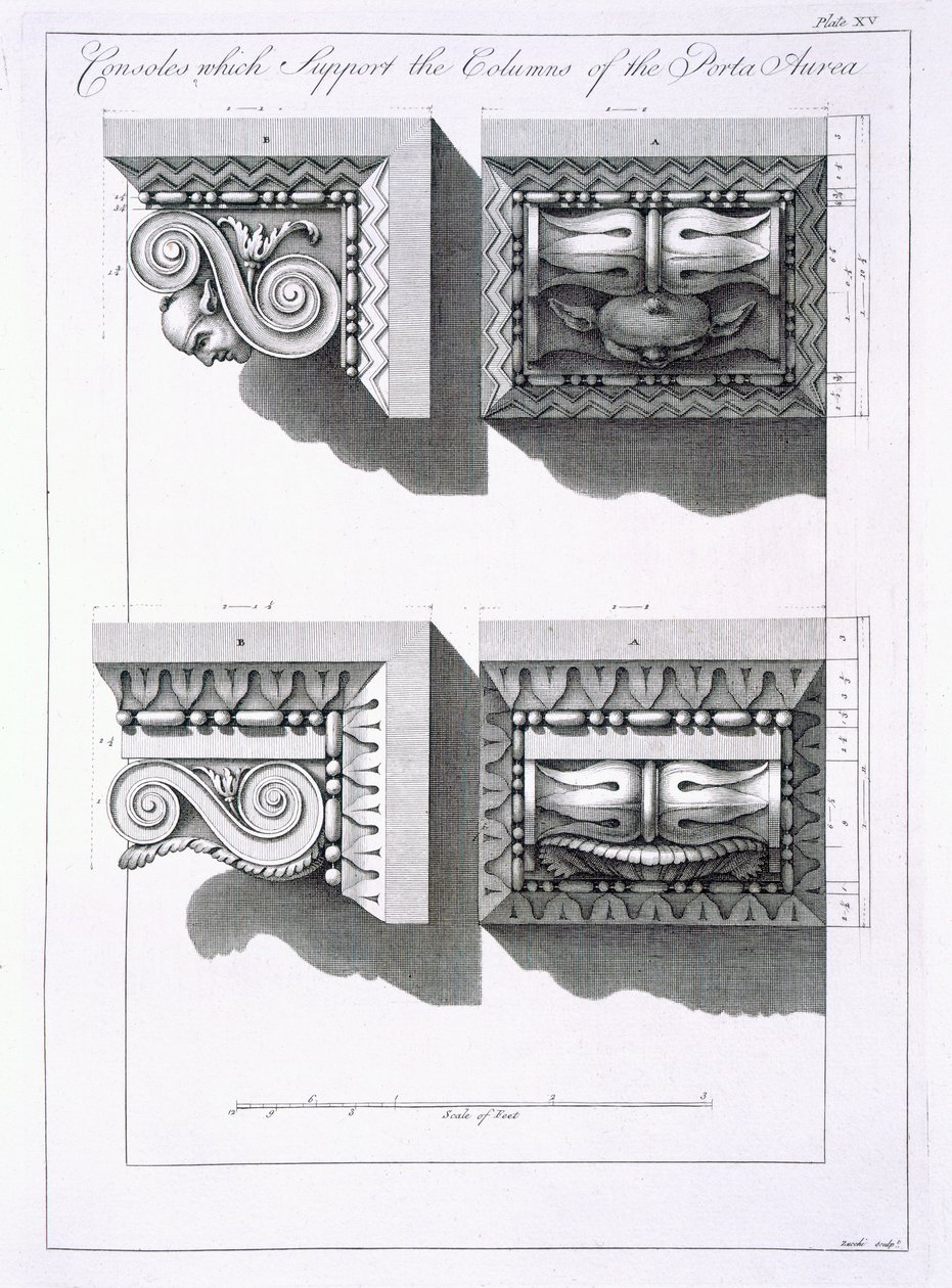 Konsole podtrzymujące kolumny Porta Aurea, z „Ruiny pałacu cesarza Dioklecjana w Spalatro w Dalmacji”, wydanej w 1764 r. autorstwa Robert Adam