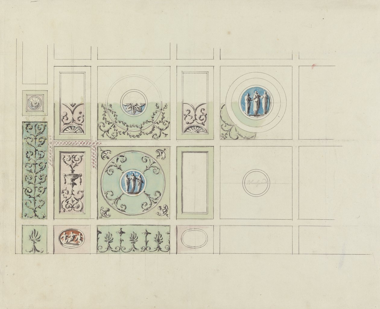 Projekt sufitu Jadalni, Headfort House (toaleta, szare pranie i długopis i czarny tusz na graficie na papierze) autorstwa Robert Adam